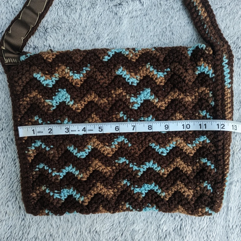 Handmade Crocheted Ripple Shoulder‎ Bag & Accessory Pouch Set Blue & Brown